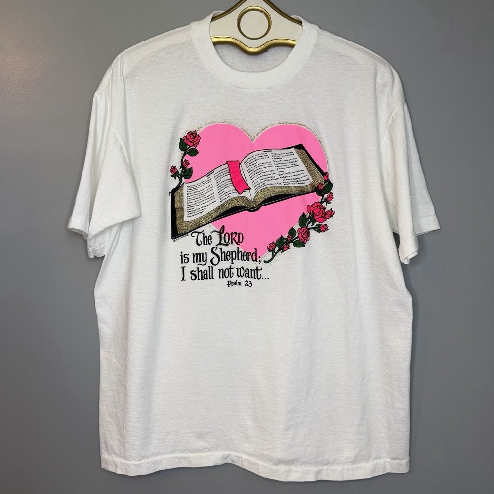 92' Psalm 23 T-Shirt XL Single Stitch Christian Glitter Graphic Roses Bible Vtg